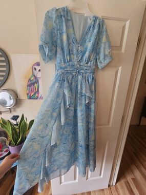 Light Blue VanGogh Starry Night V-Neck Midi Dress
